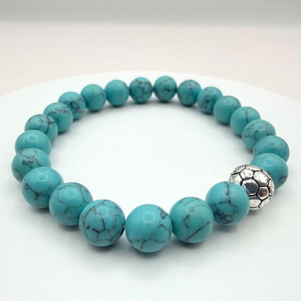 Vintage‎ 80s Howlite Beaded Bracelet Silver Tone Soccer Ball Charm Mens Jewelry